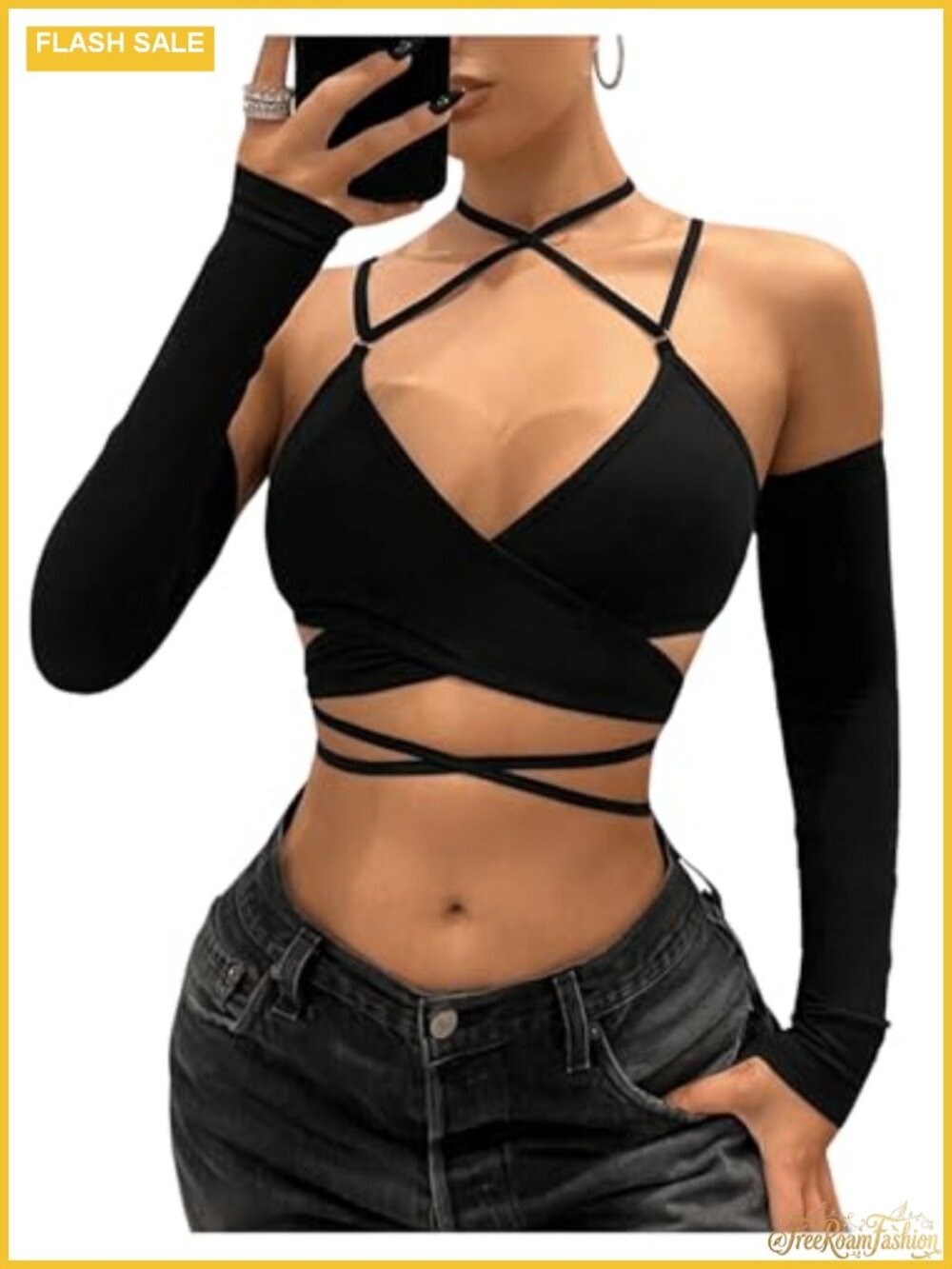 Criss Cross Strappy Wrap Halter Long Sleeve Crop Top High Stretch